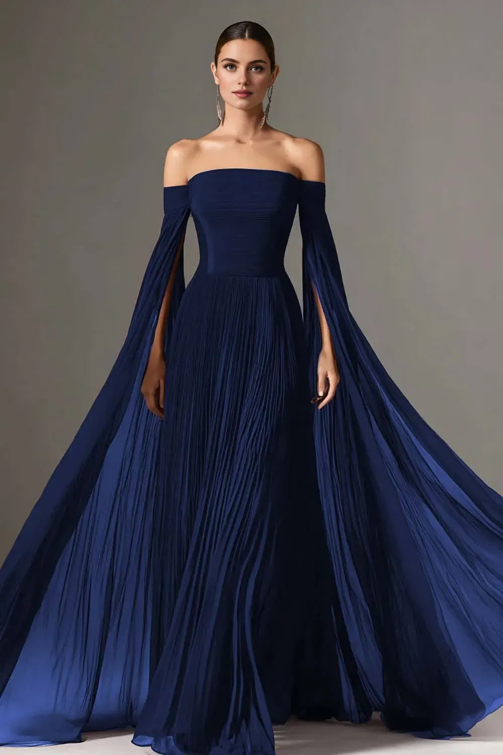Graceful A Line Long Sleeve Off the Shoulder Chiffon Pleated Floor-Length Prom Dress