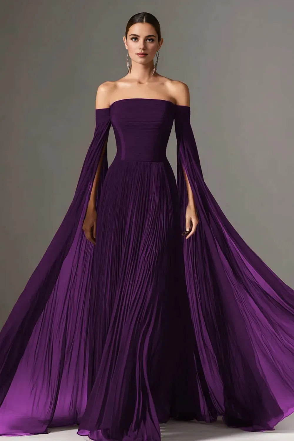 Graceful A Line Long Sleeve Off the Shoulder Chiffon Pleated Floor-Length Prom Dress