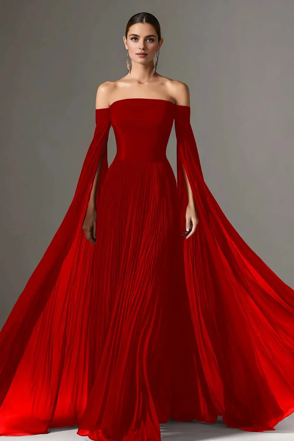 Graceful A Line Long Sleeve Off the Shoulder Chiffon Pleated Floor-Length Prom Dress