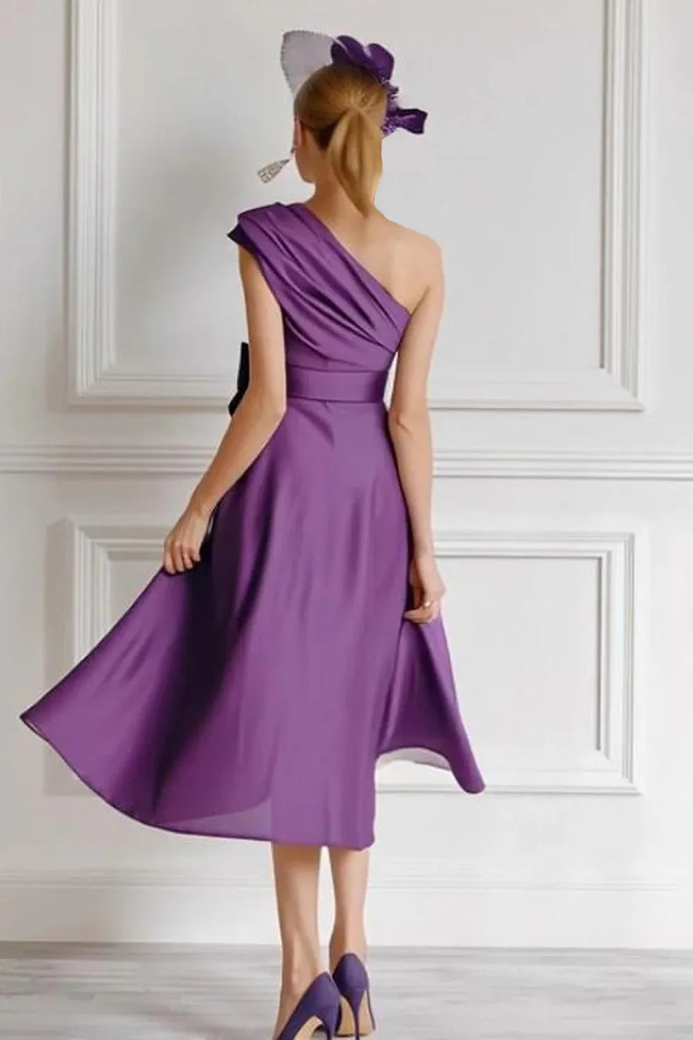 Graceful A Line One Shoulder Sleeveless Satin Bow Tea-Length Mother of the Bride Dress