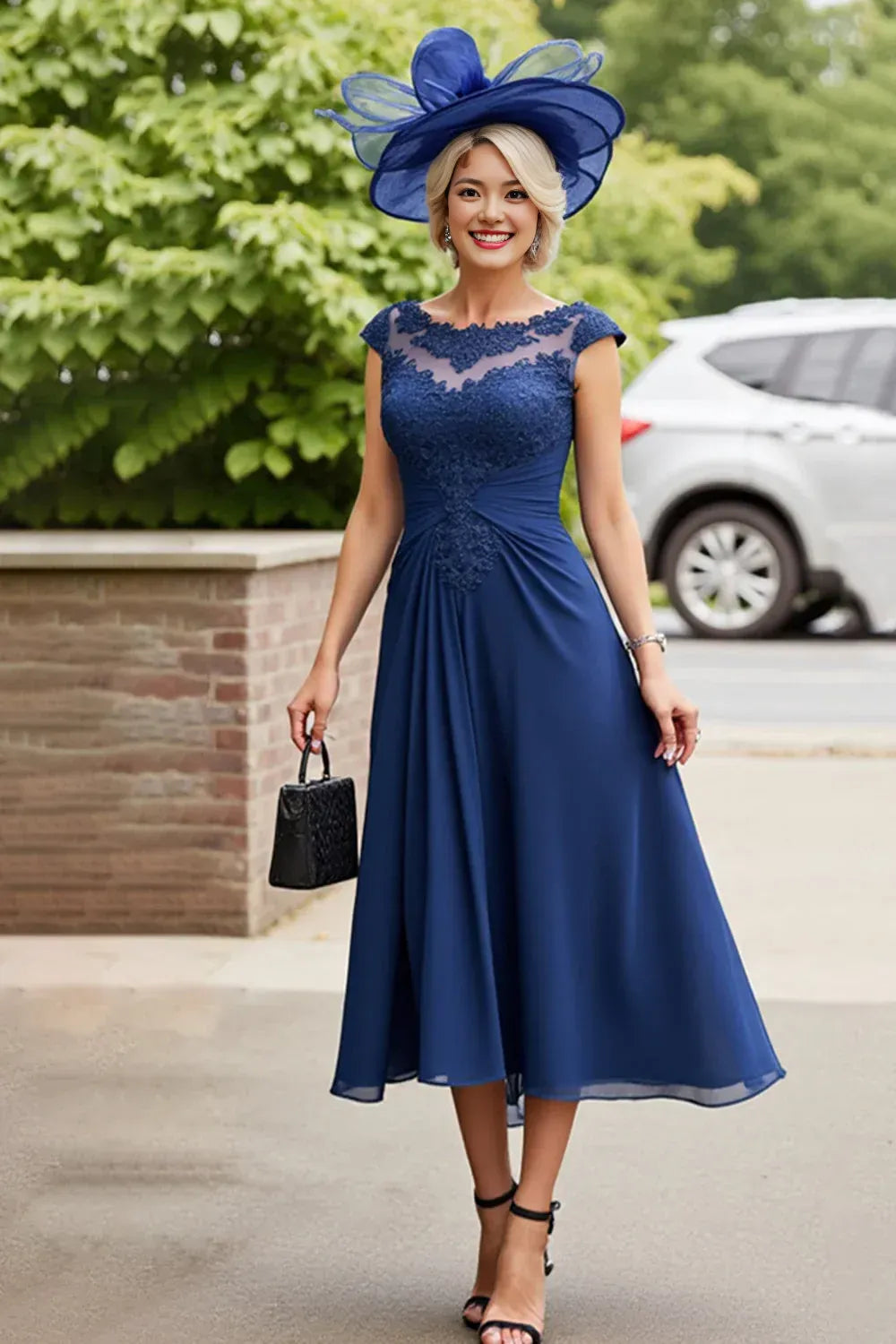 Graceful A Line Scoop Neck Pleated Chiffon Tea-Length Mother Of The Bride Dress