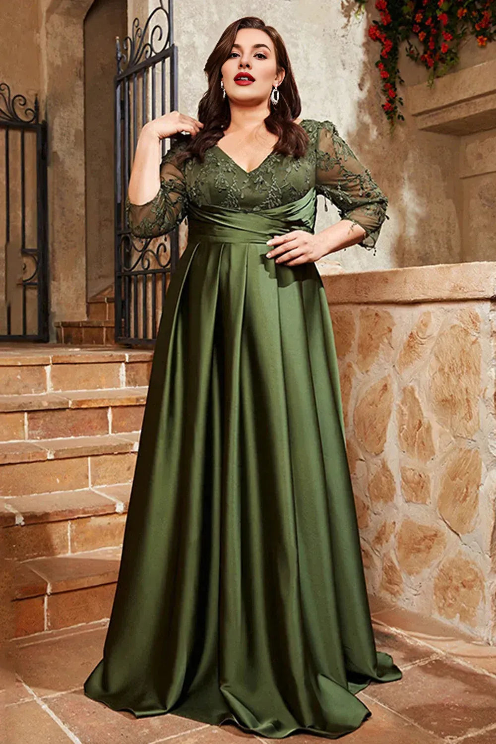 Graceful A Line V Neck 1/2 Sleeves Satin Appliques Floor-Length Plus Size Mother of Bride Dress