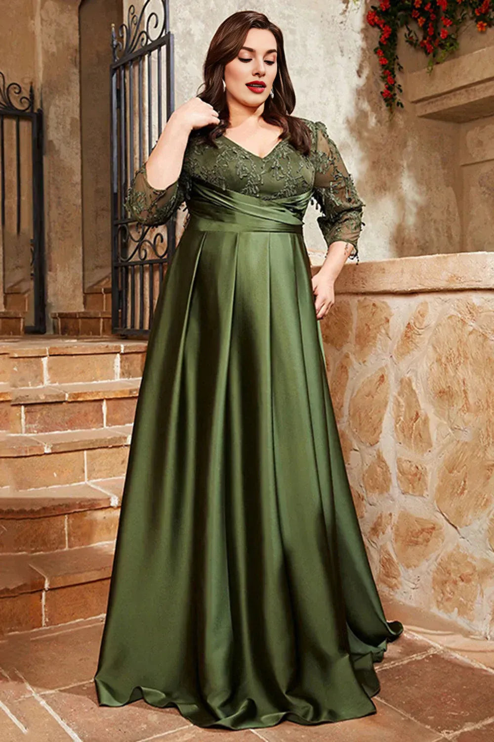Graceful A Line V Neck 1/2 Sleeves Satin Appliques Floor-Length Plus Size Mother of Bride Dress
