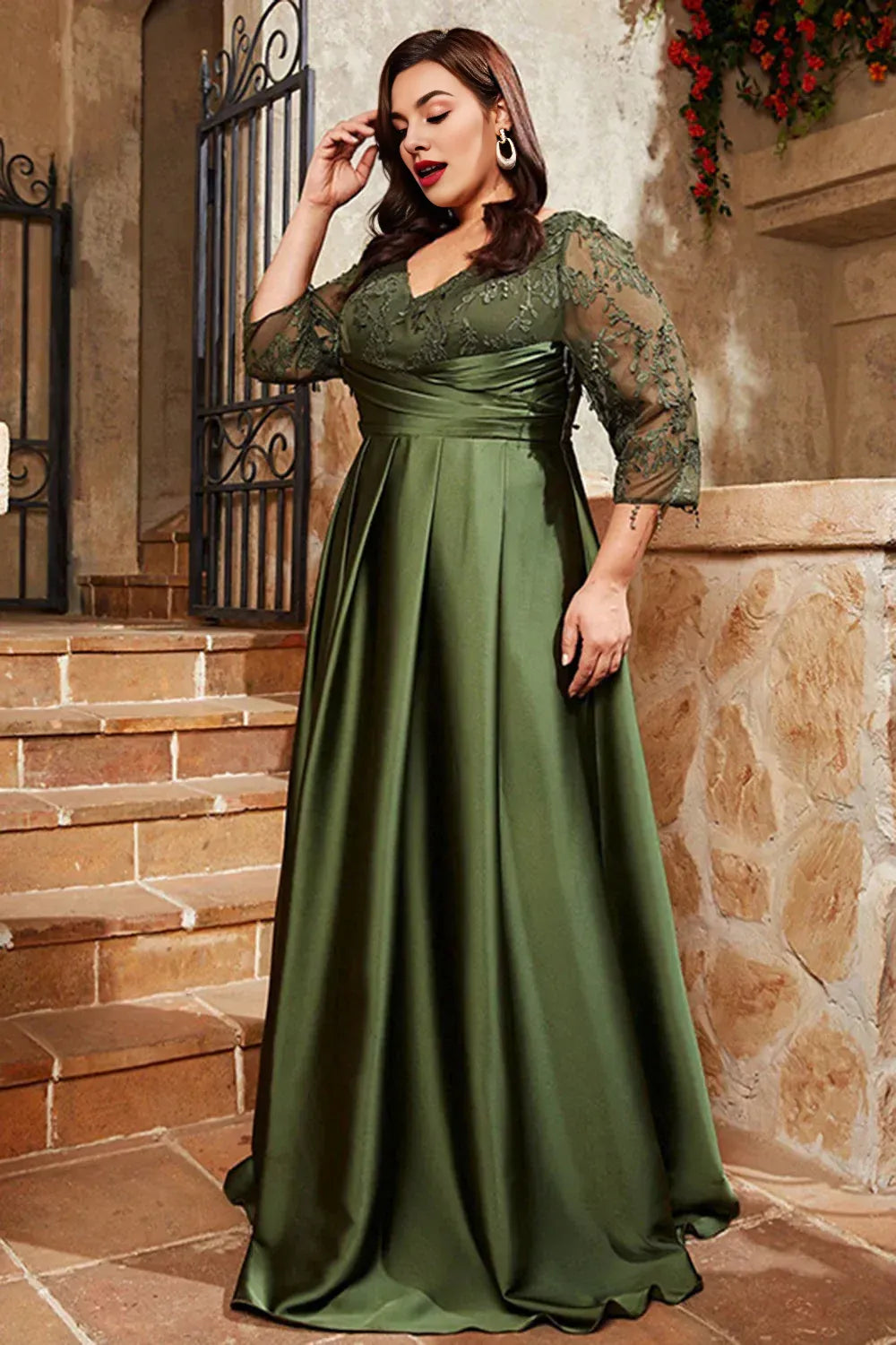 Graceful A Line V Neck 1/2 Sleeves Satin Appliques Floor-Length Plus Size Mother of Bride Dress