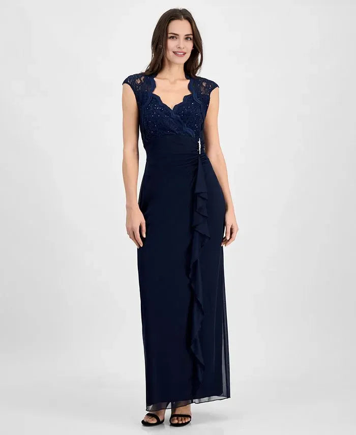 Graceful Column V Neck Cap Sleeve Ruffles Lace Floor-Length Mother of the Bride Dress
