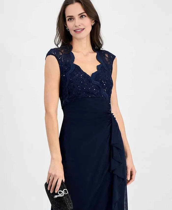 Graceful Column V Neck Cap Sleeve Ruffles Lace Floor-Length Mother of the Bride Dress