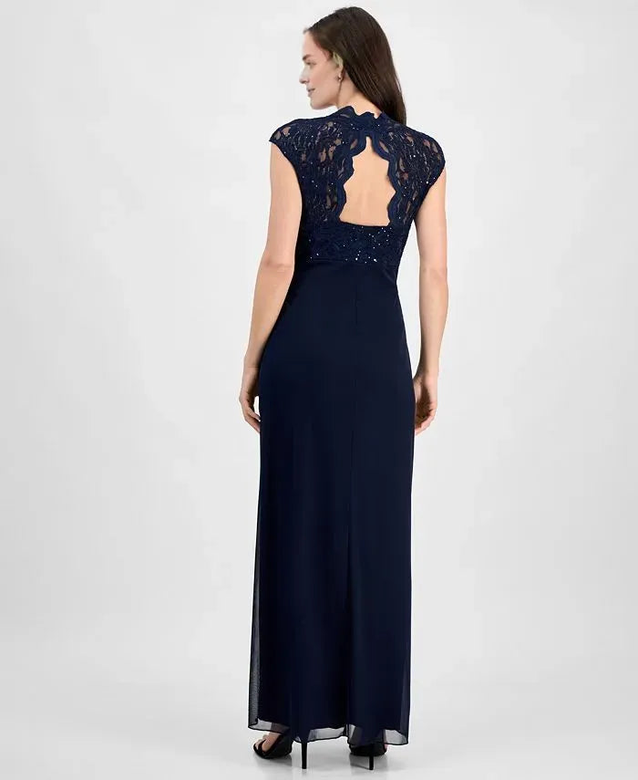 Graceful Column V Neck Cap Sleeve Ruffles Lace Floor-Length Mother of the Bride Dress