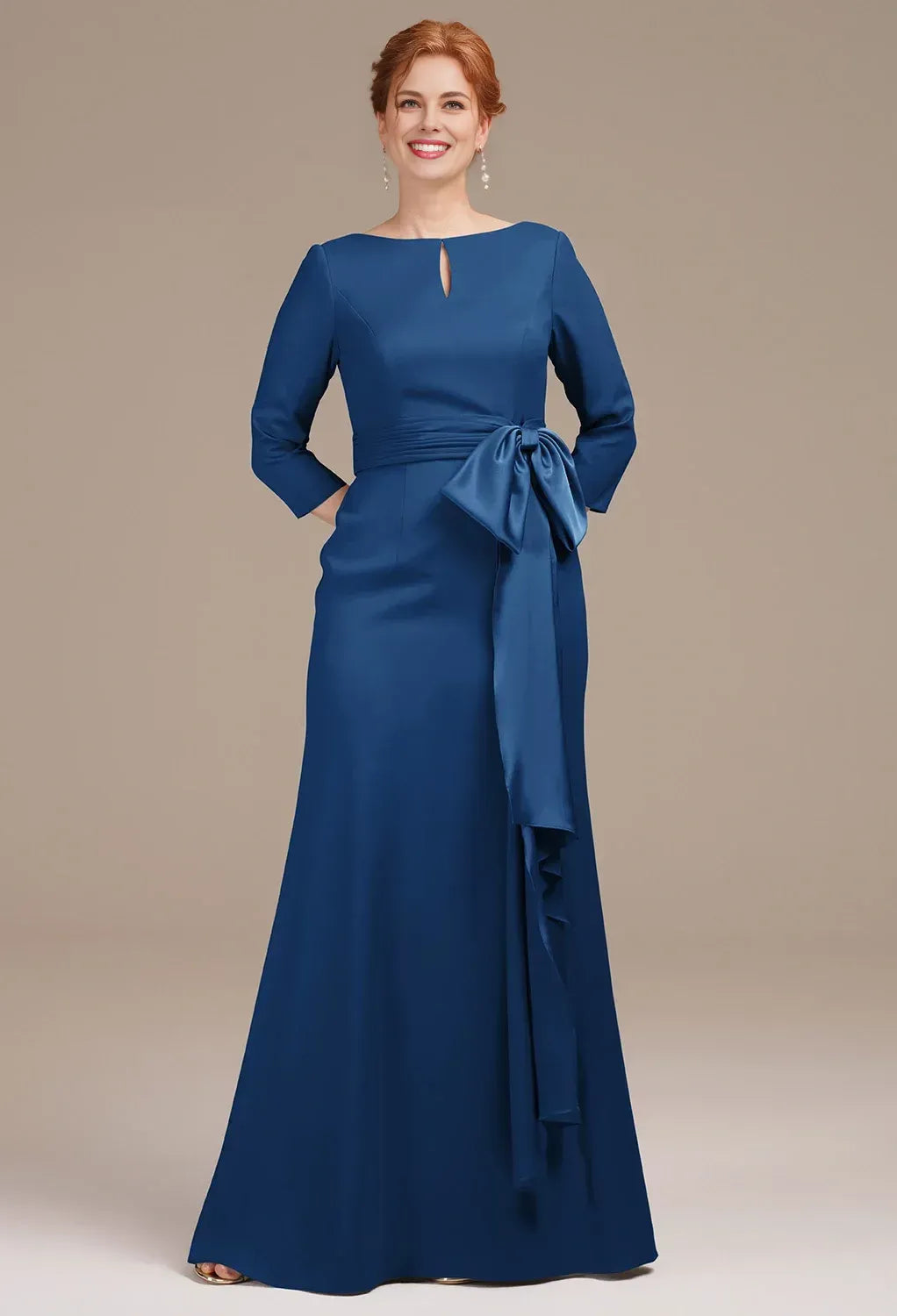 Graceful Mermaid Bateau Neck 3/4 Sleeves Pleated Satin Floor Length Mother of the Bride Dress