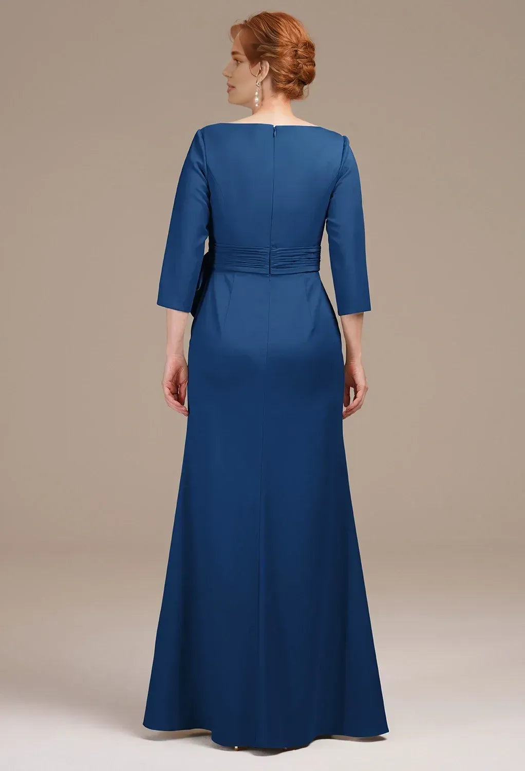 Graceful Mermaid Bateau Neck 3/4 Sleeves Pleated Satin Floor Length Mother of the Bride Dress
