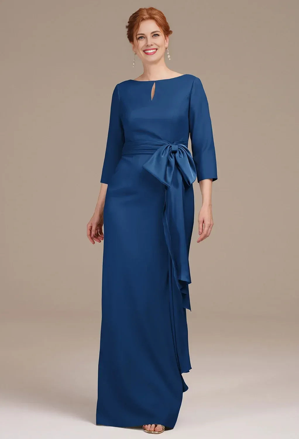 Graceful Mermaid Bateau Neck 3/4 Sleeves Pleated Satin Floor Length Mother of the Bride Dress