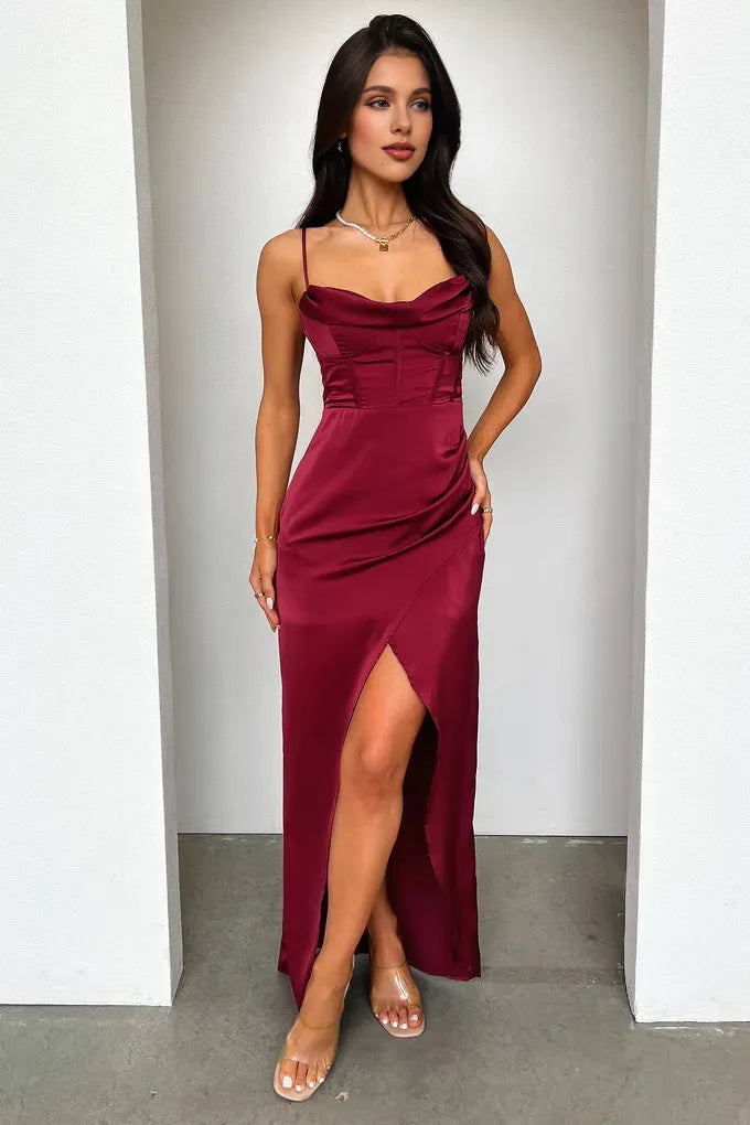 Graceful Mermaid Cowl Neck Sleeveless Pleated Slit Satin Floor-Length Prom Dress