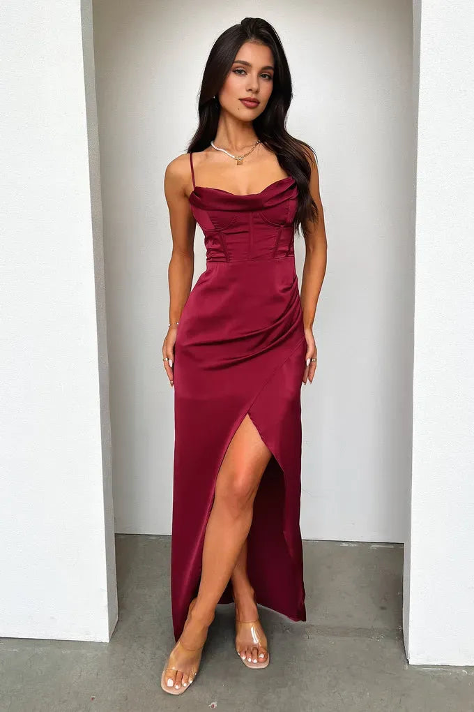 Graceful Mermaid Cowl Neck Sleeveless Pleated Slit Satin Floor-Length Prom Dress