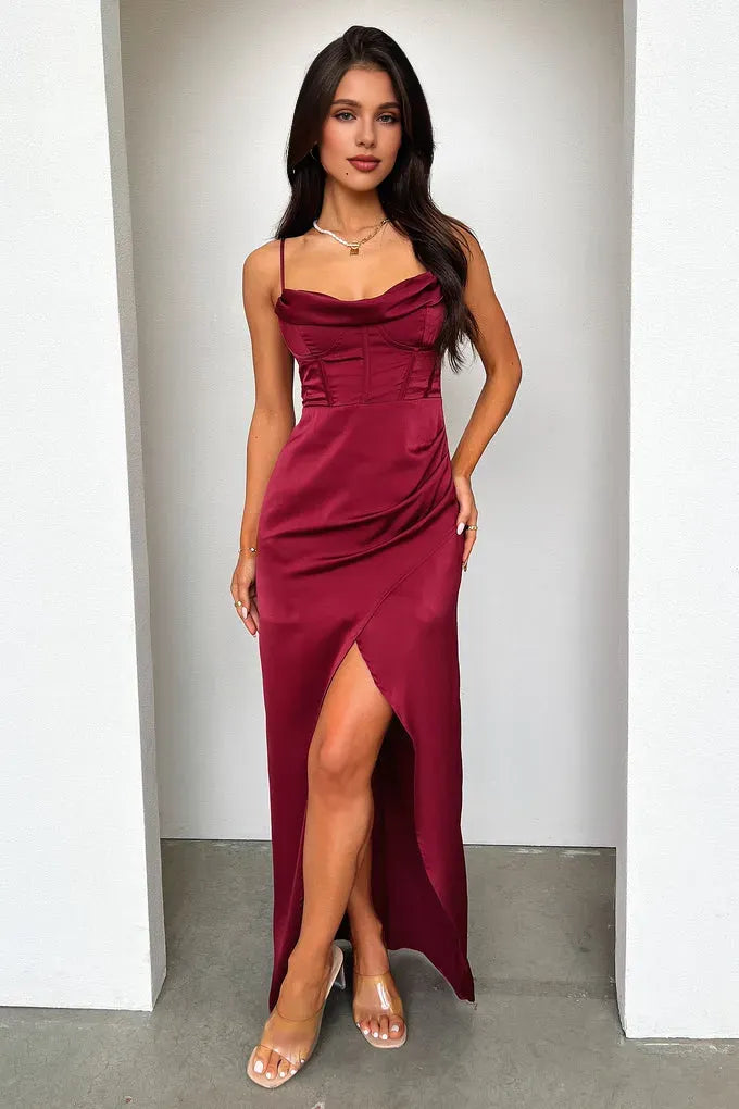 Graceful Mermaid Cowl Neck Sleeveless Pleated Slit Satin Floor-Length Prom Dress