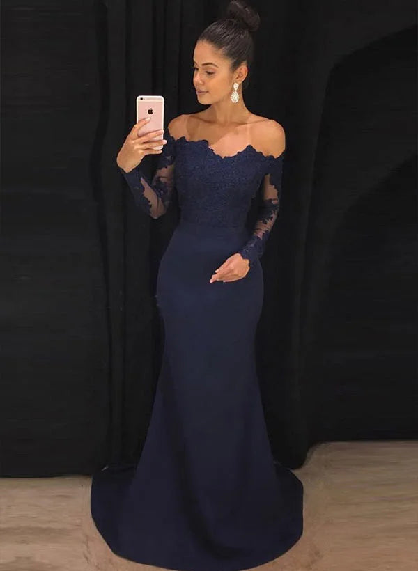 Graceful Mermaid Off-The-Shoulder Long Sleeves Appliques Court Train Evening Dress