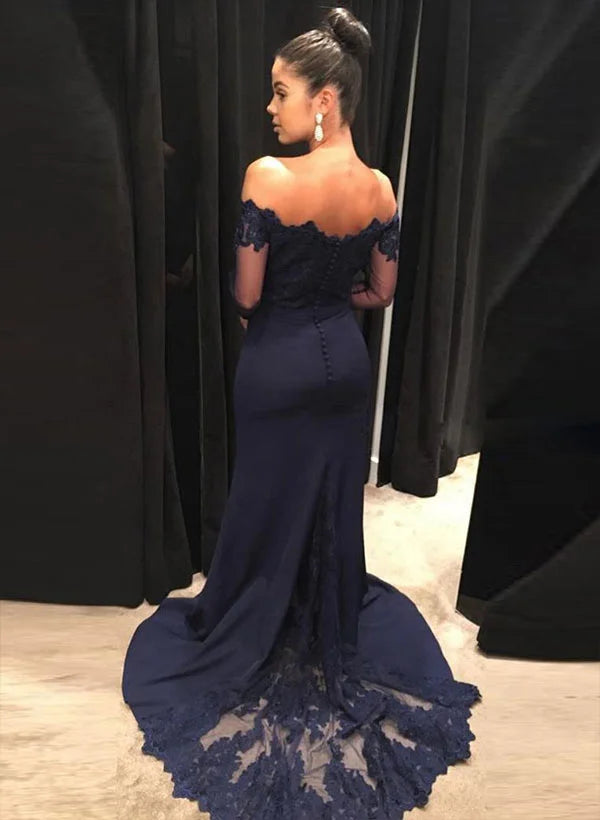 Graceful Mermaid Off-The-Shoulder Long Sleeves Appliques Court Train Evening Dress