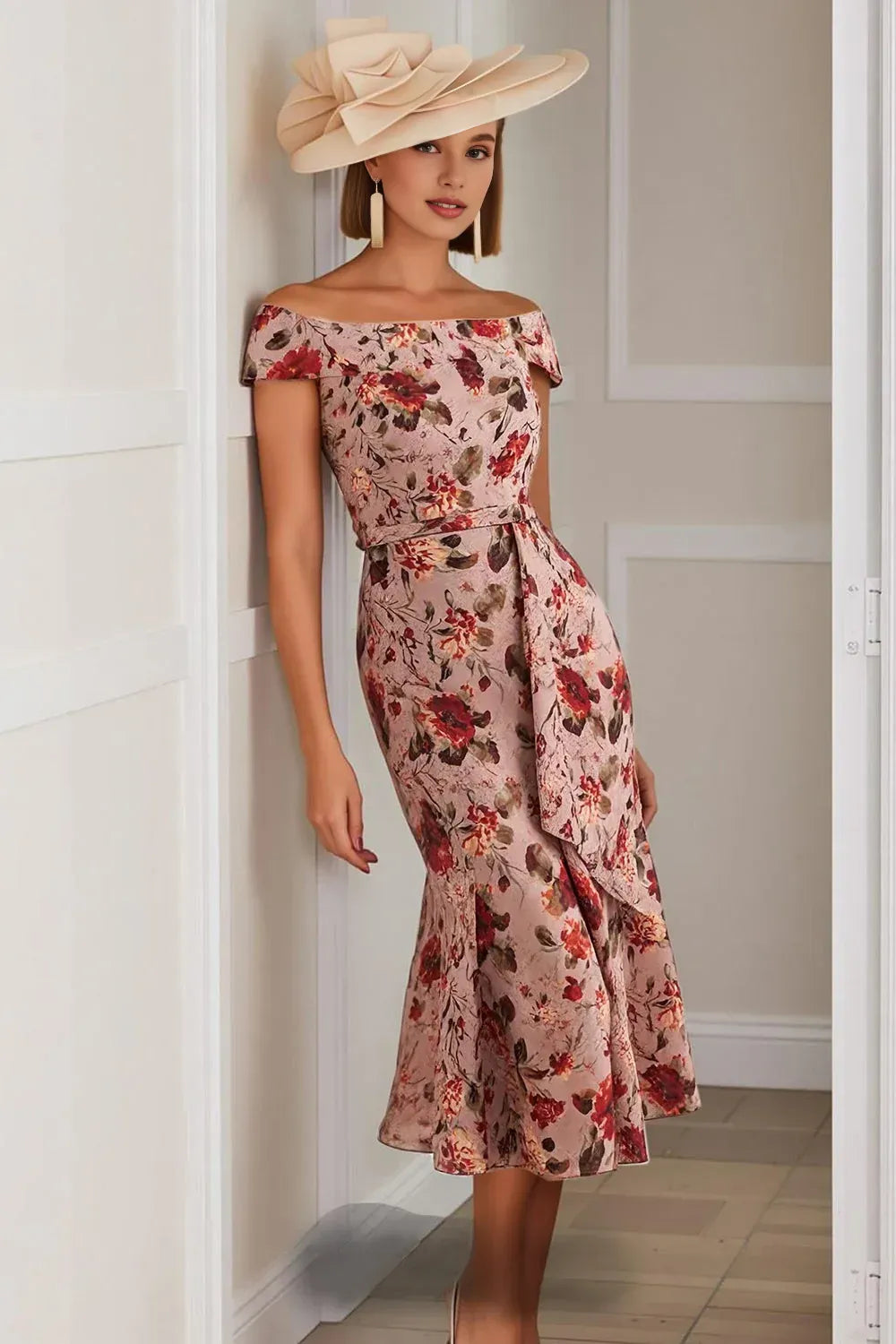 Graceful Mermaid Off the Shoulder Cap Sleeves Floral Tea-Length Mother Of The Bride Dress