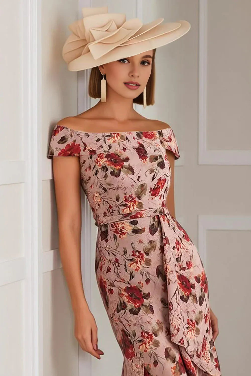 Graceful Mermaid Off the Shoulder Cap Sleeves Floral Tea-Length Mother Of The Bride Dress