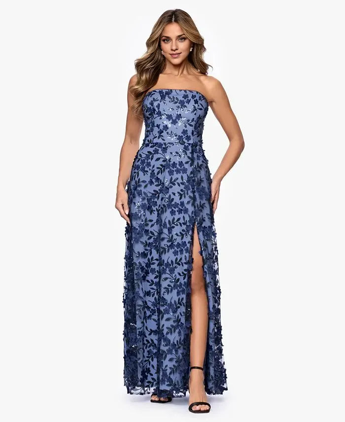 Graceful Mermaid Strapless Sleeveless 3D Flower Tulle Floor Length Prom Dress