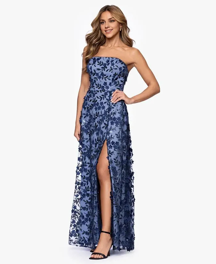 Graceful Mermaid Strapless Sleeveless 3D Flower Tulle Floor Length Prom Dress