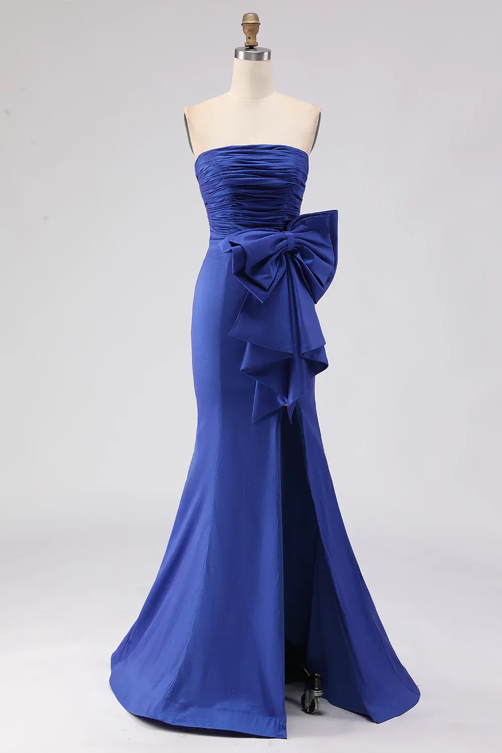 Graceful Mermaid Strapless Sleeveless Satin Ruched Floor-Length Prom Dress