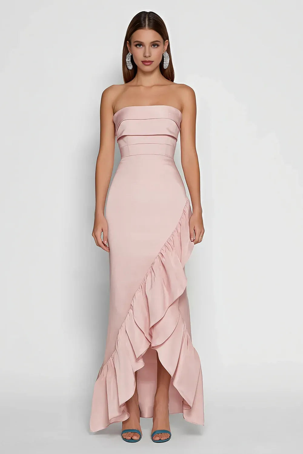 Graceful Mermaid Strapless Sleeveless Satin Ruffled Floor-Length Prom Dress