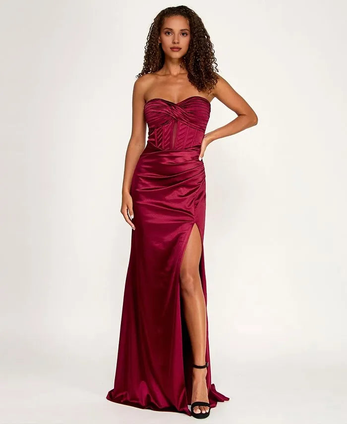 Graceful Mermaid Strapless Sleeveless Slit Satin Floor-Length Prom Dress