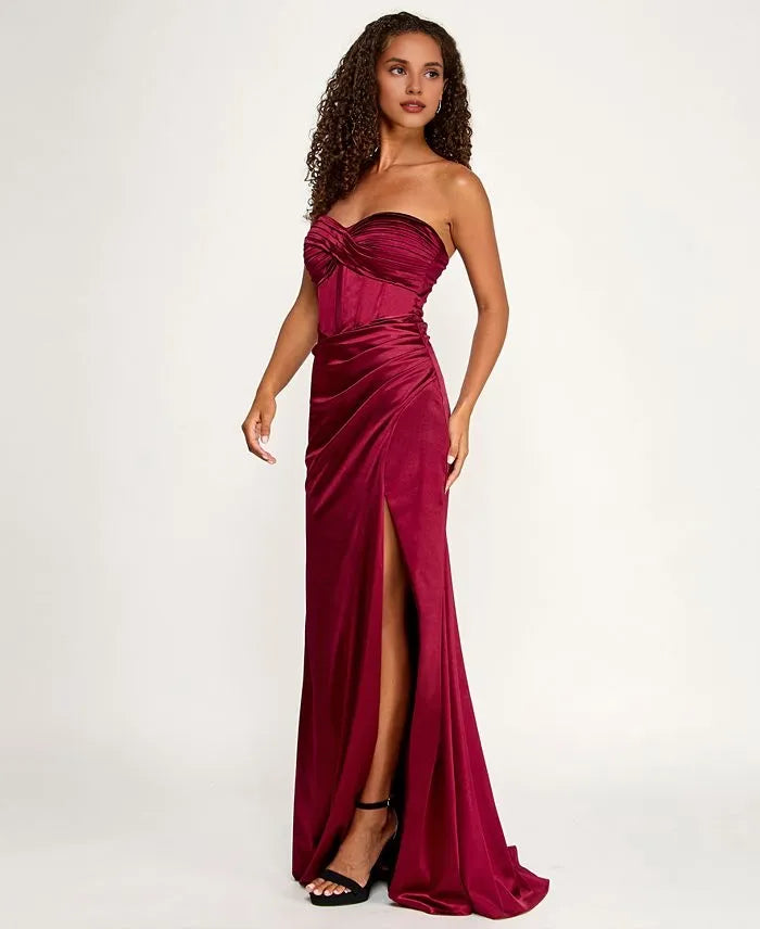 Graceful Mermaid Strapless Sleeveless Slit Satin Floor-Length Prom Dress