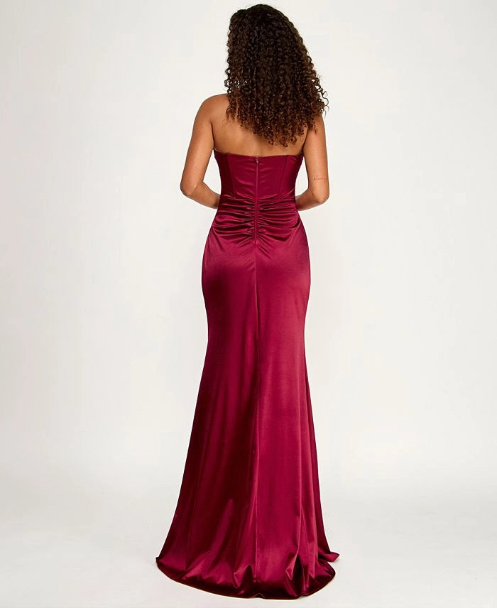 Graceful Mermaid Strapless Sleeveless Slit Satin Floor-Length Prom Dress
