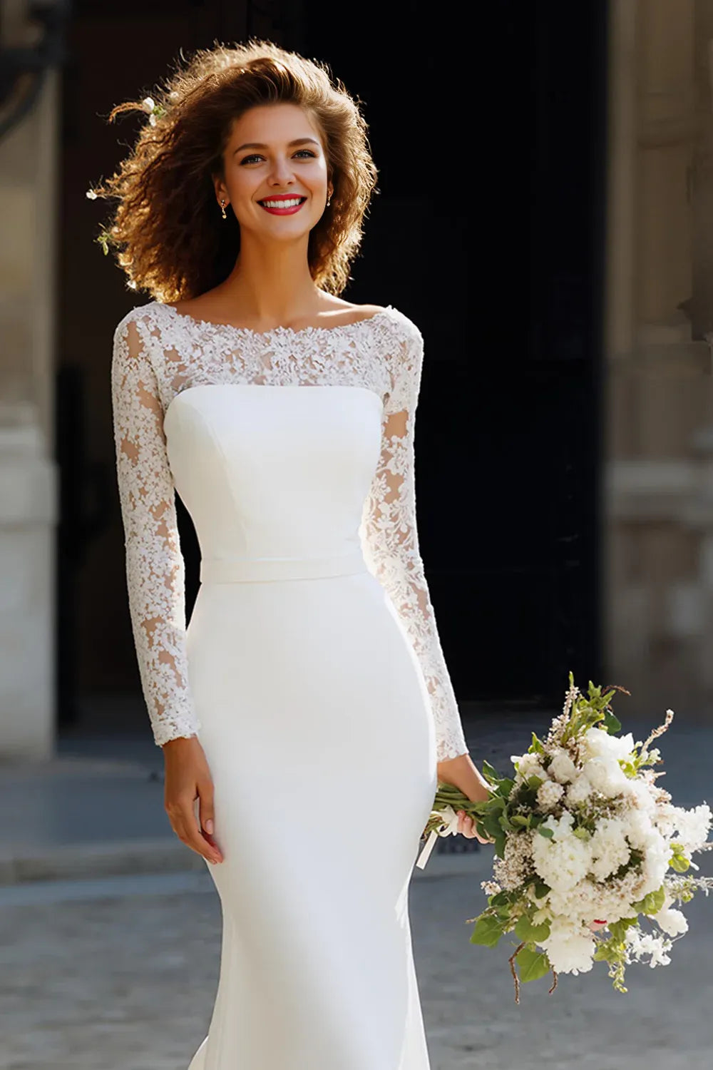 Graceful Mermaid/Trumpet Boat-Neck Long Sleeve Chiffon Sweep Train Wedding Dress