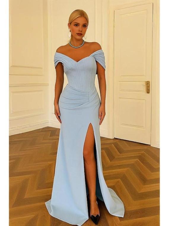 Graceful Mermaid/Trumpet Off Shoulder Sleeveless Pleated Sweep/Brush Train Prom Dress