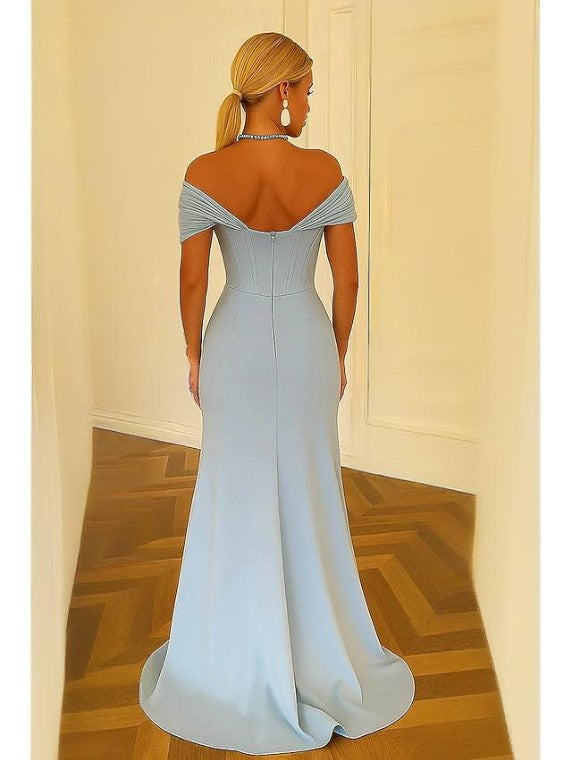 Graceful Mermaid/Trumpet Off Shoulder Sleeveless Pleated Sweep/Brush Train Prom Dress