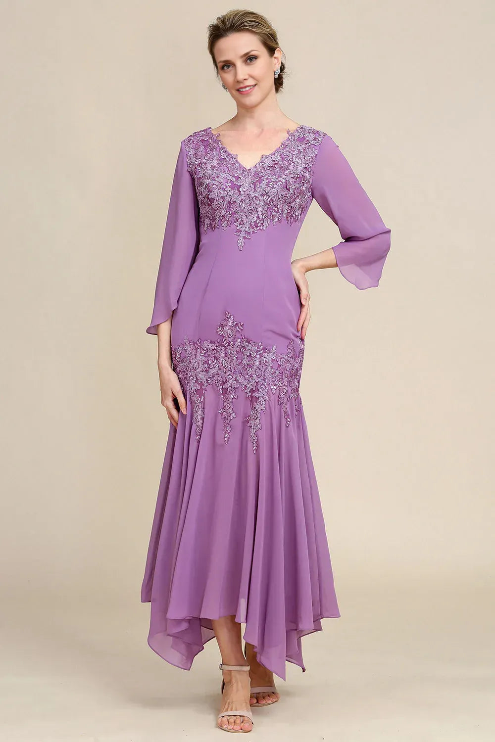 Graceful Mermaid V Neck Long Sleeve Chiffon Appliques Floor-Length Mother of the Bride Dress