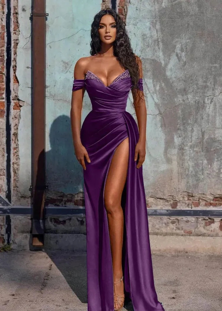 Graceful Mermaid V Neck Sleeveless Slit Satin Sweep Train Prom Dress