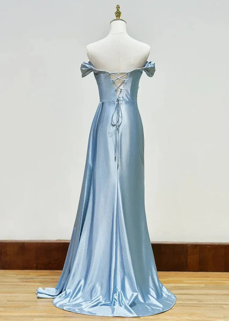 Graceful Mermaid V Neck Sleeveless Slit Satin Sweep Train Prom Dress