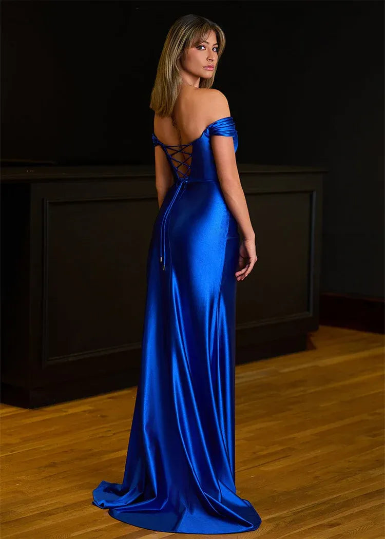 Graceful Mermaid V Neck Sleeveless Slit Satin Sweep Train Prom Dress
