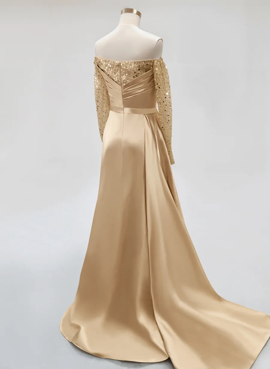 Graceful Sheath/Column Off-The-Shoulder Sleeveless Sequins Satin Floor-Length Prom Dress