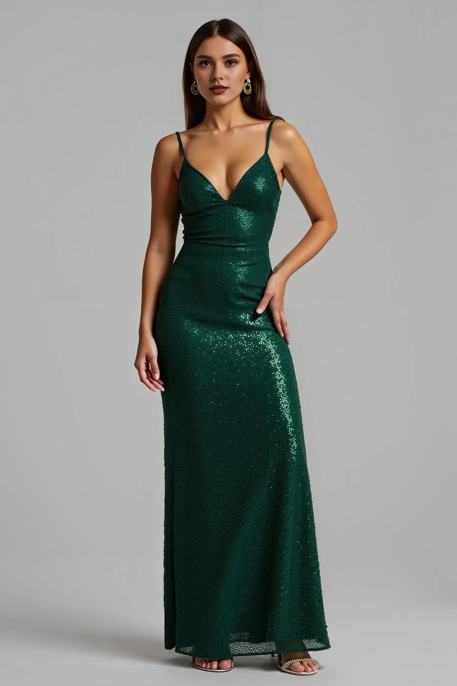 Graceful Sheath/Column V Neck Sleeveless Sequins Floor-Length Prom Dress