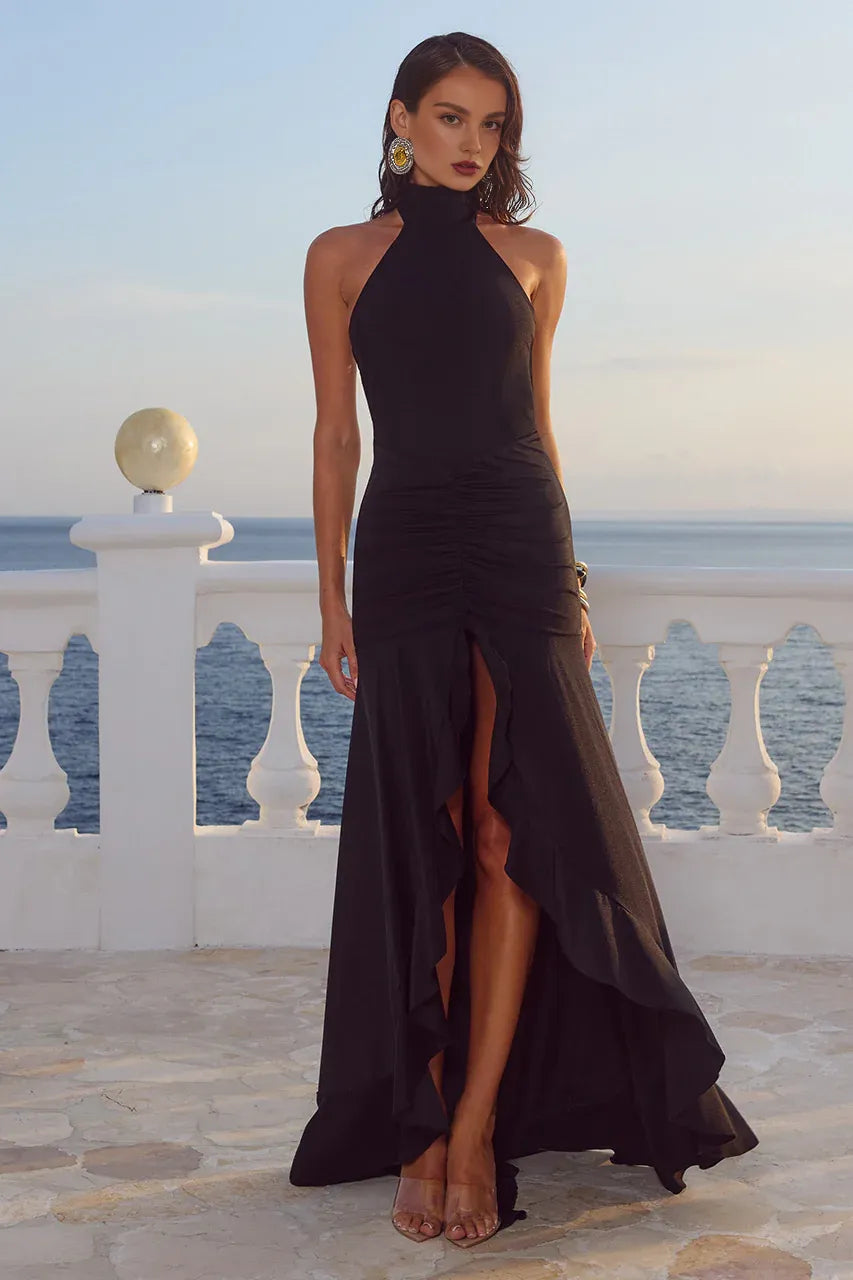Graceful Sheath Halter Neck Sleeveless Backless Satin Floor-Length Prom Dress