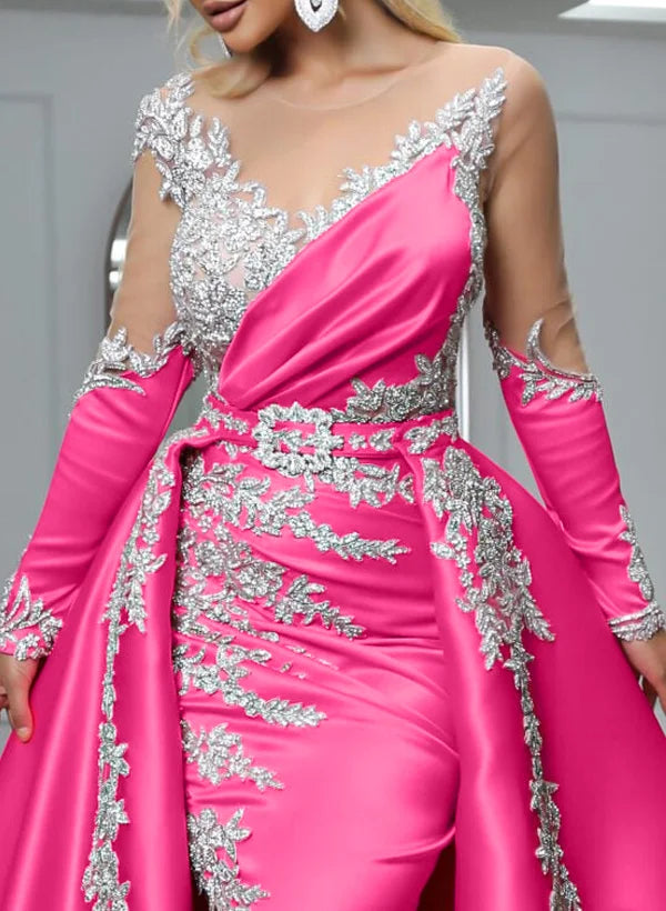 Graceful Sheath Off-The-Shoulder Long Sleeves Slit Satin Sweep Train Prom Dress