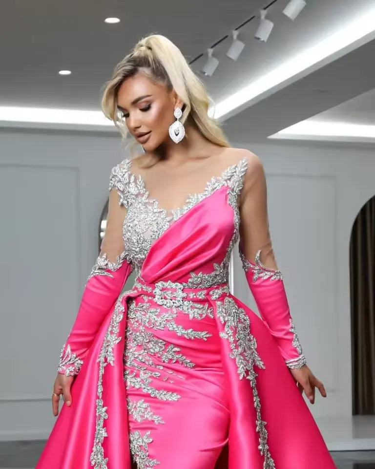 Graceful Sheath Off-The-Shoulder Long Sleeves Slit Satin Sweep Train Prom Dress
