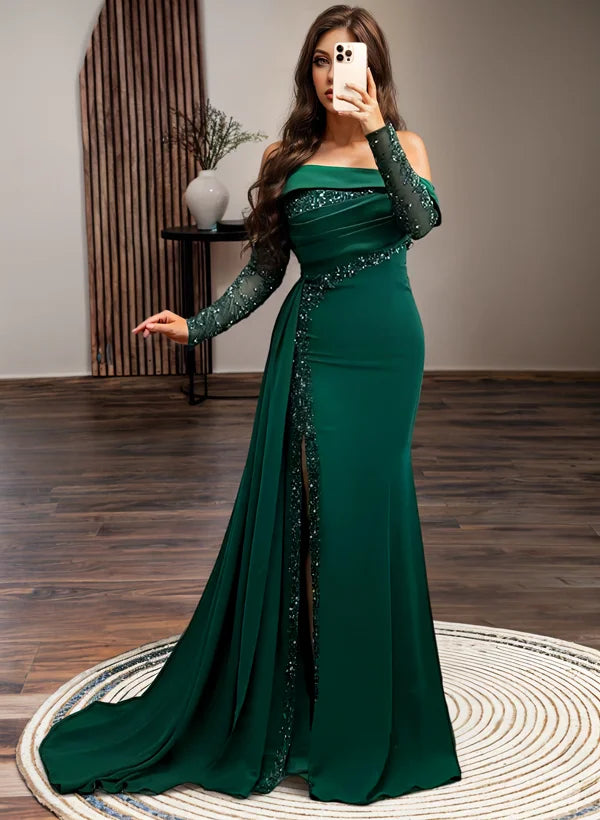 Graceful Sheath Off-The-Shoulder Long Sleeves Slit Satin Sweep Train Prom Dress