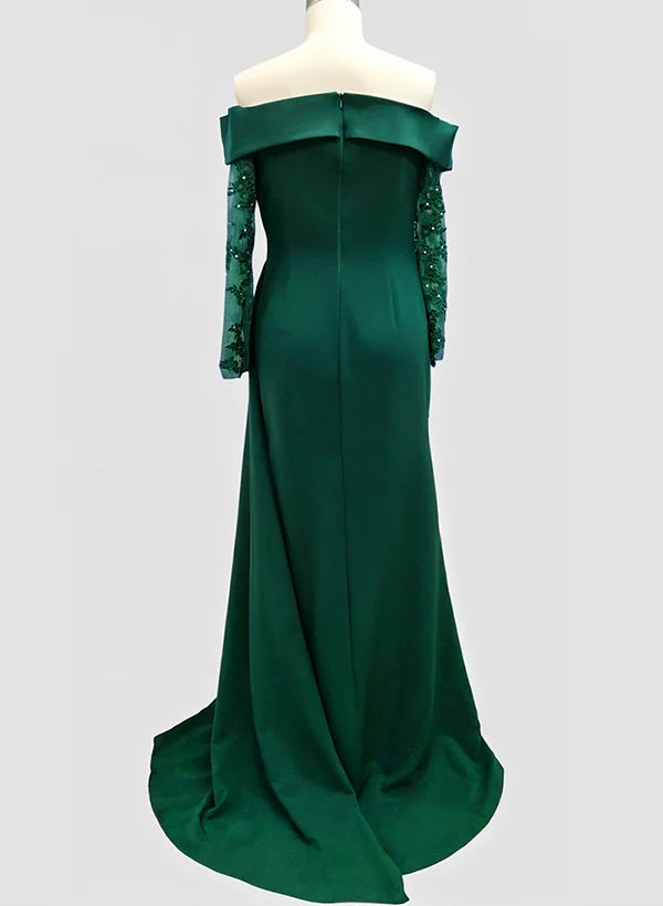 Graceful Sheath Off-The-Shoulder Long Sleeves Slit Satin Sweep Train Prom Dress