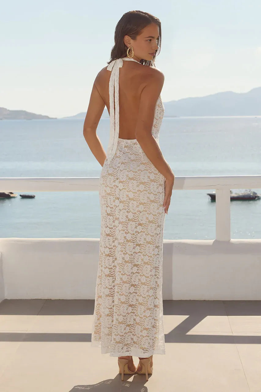 Graceful Slim Cowl Neck Sleeveless Ruched Lace Floor-Length Prom Dress