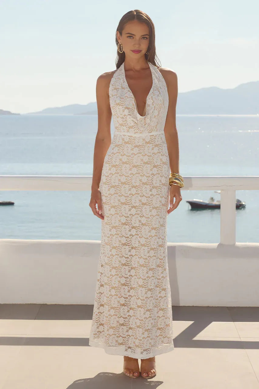 Graceful Slim Cowl Neck Sleeveless Ruched Lace Floor-Length Prom Dress