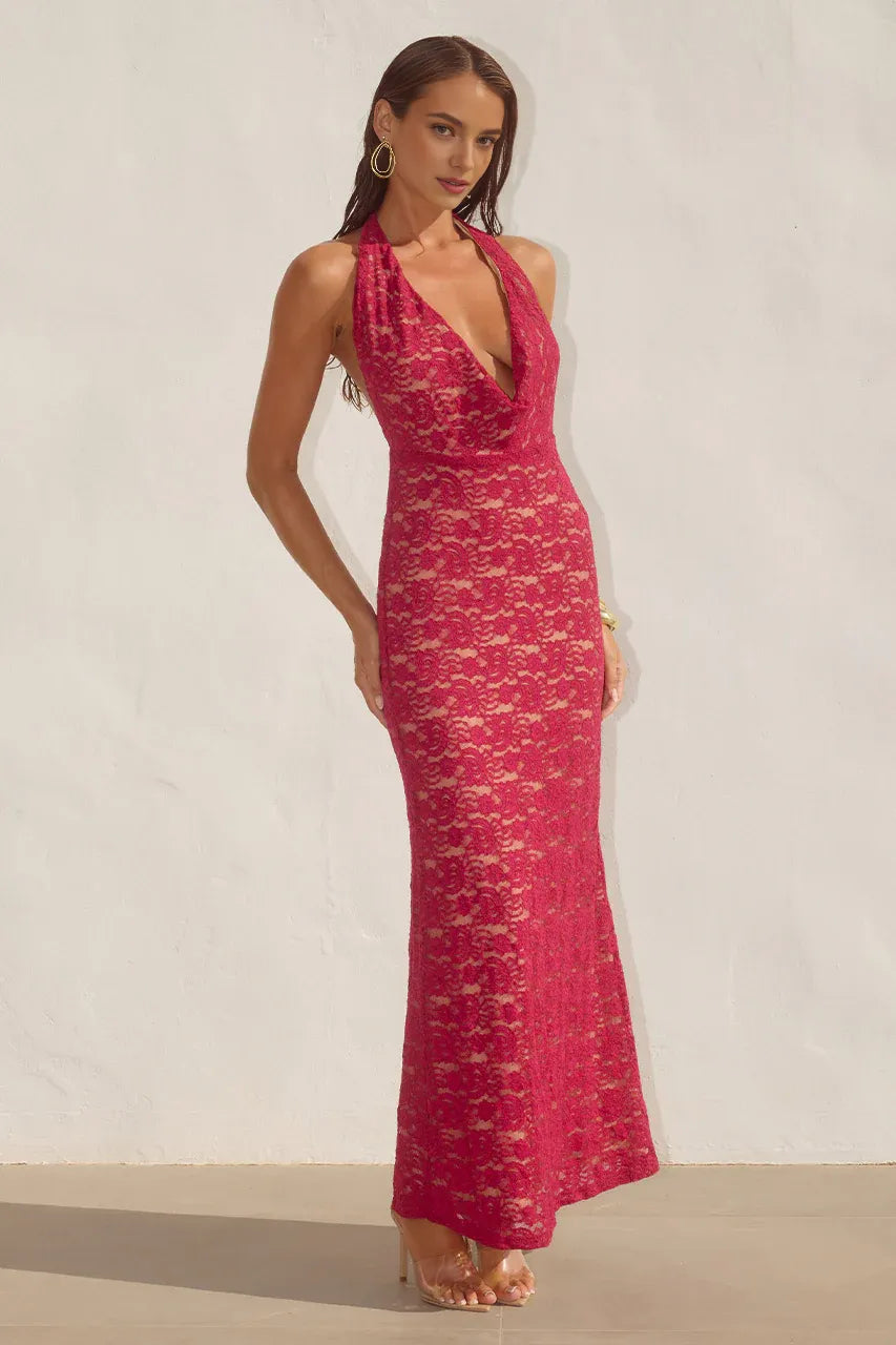 Graceful Slim Cowl Neck Sleeveless Ruched Lace Floor-Length Prom Dress