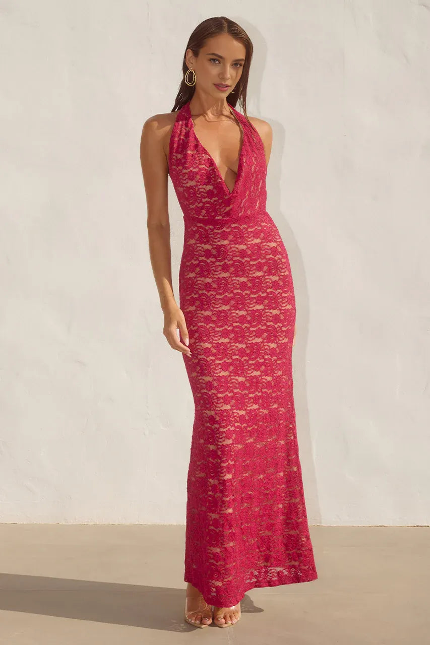 Graceful Slim Cowl Neck Sleeveless Ruched Lace Floor-Length Prom Dress