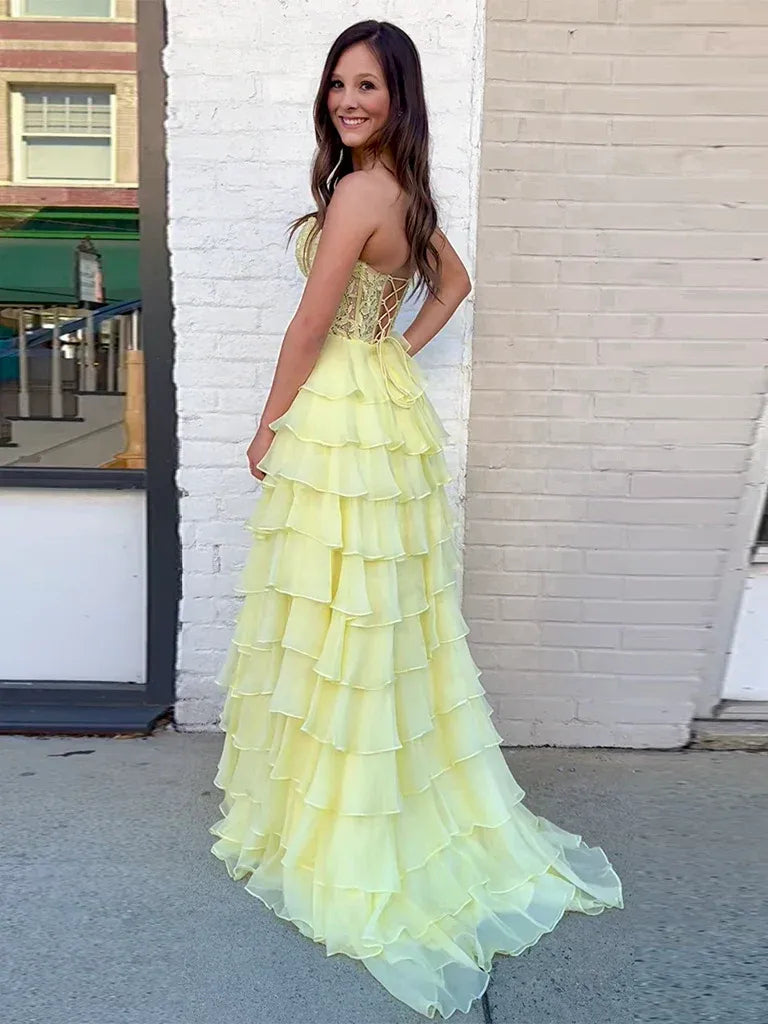 Graceful Sweetheart-Neck Sleeveless A-Line Tiered Chiffon Sweep Train Prom Dress