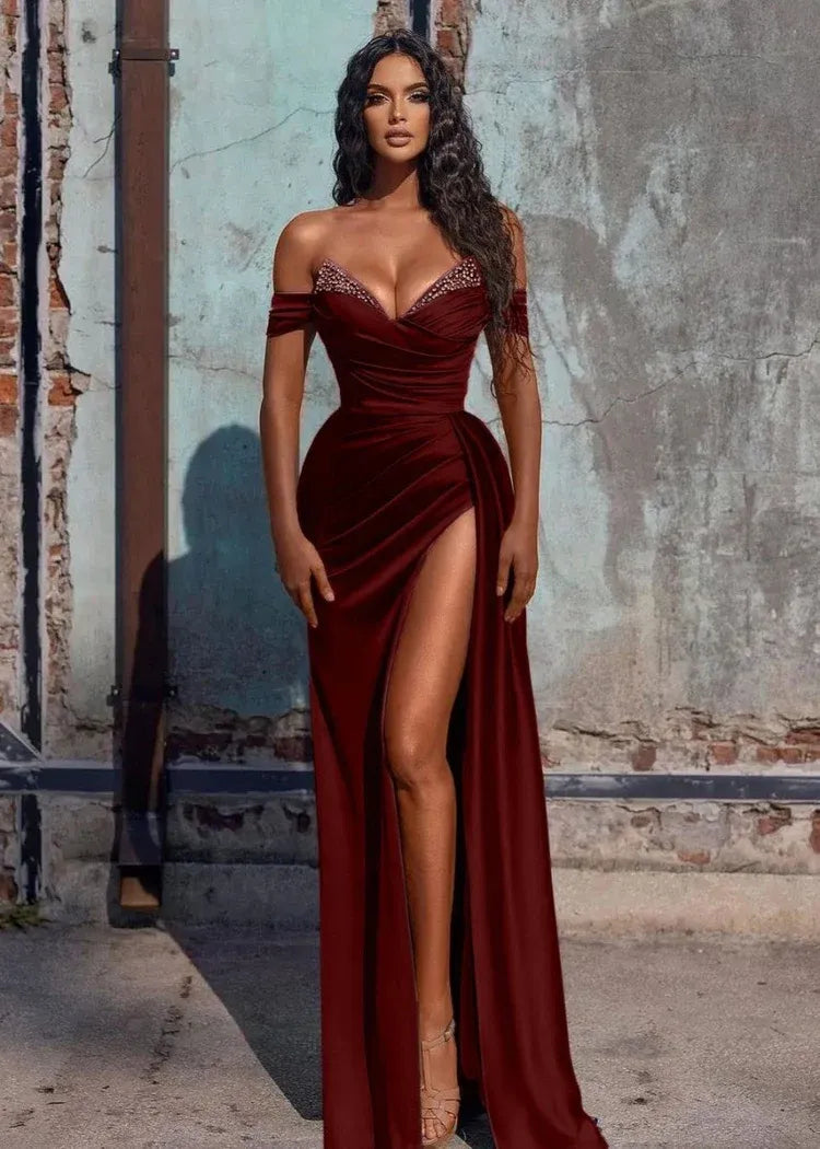 Graceful Mermaid V Neck Sleeveless Slit Satin Sweep Train Prom Dress