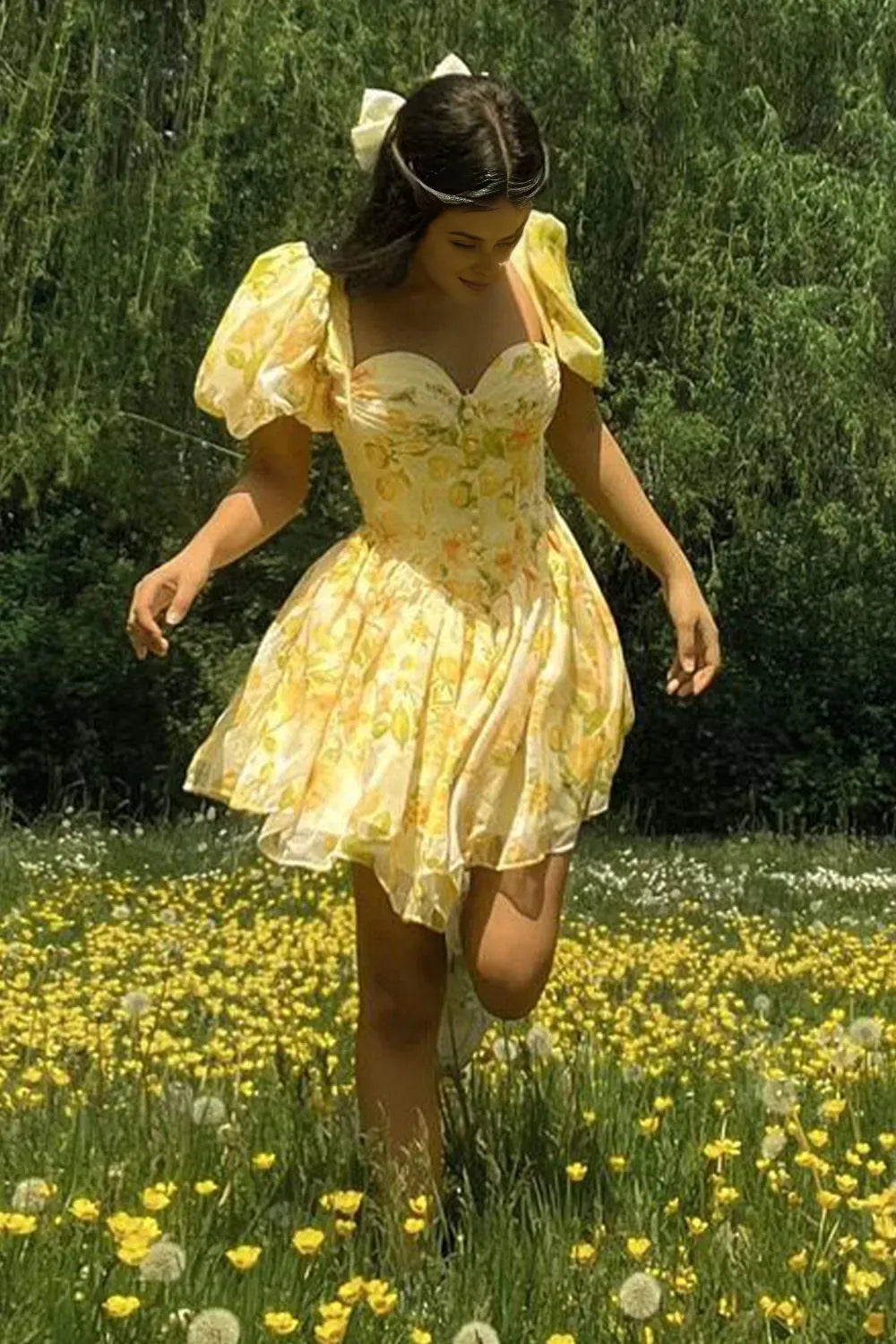 Weitese A Line Sweetheart Ballet Style Yellow Printed Short Graduation Dress Formal Wear Dresses Prom Dress Stores