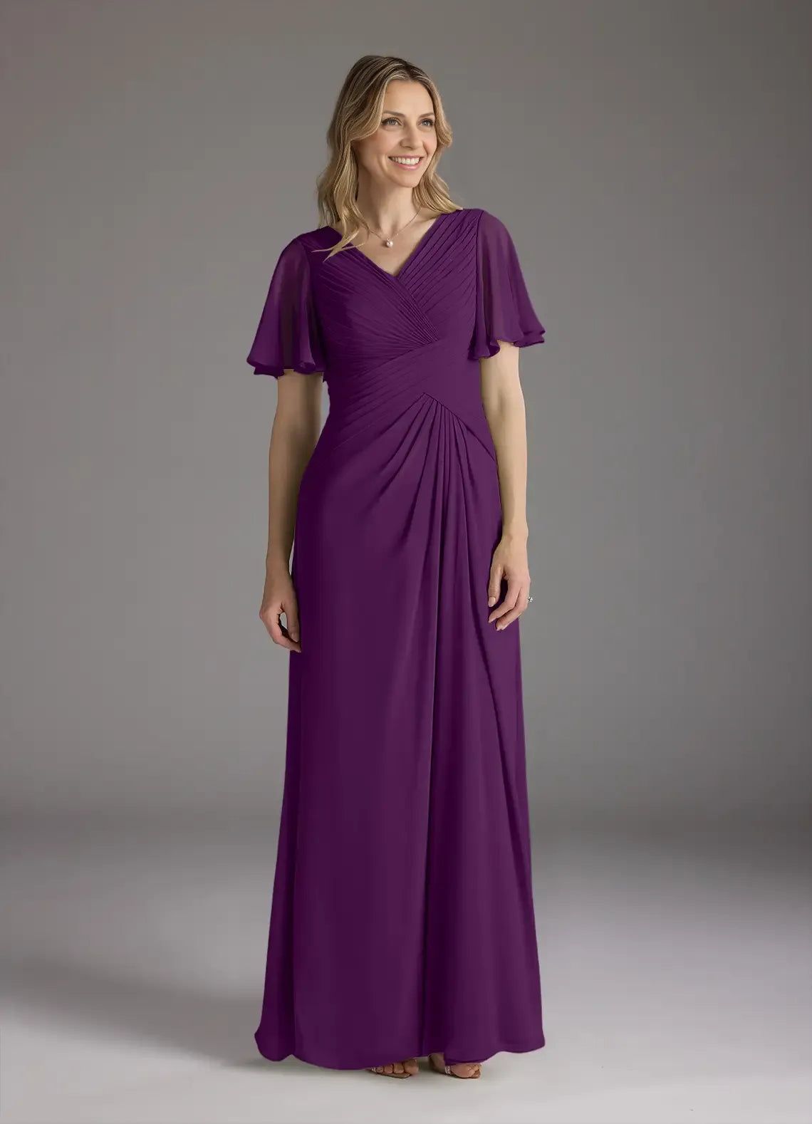 Weitese Dress A-Line V-Neck Ruched Chiffon Mother of the Groom Dresses Elegant Ruffle Flutter Sleeves V Back Evening Dress